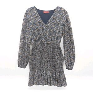 Cottagecore Floral‎ Dress Size XL V-Neck Shirred Hip Ruched Hem Knee Length Blue